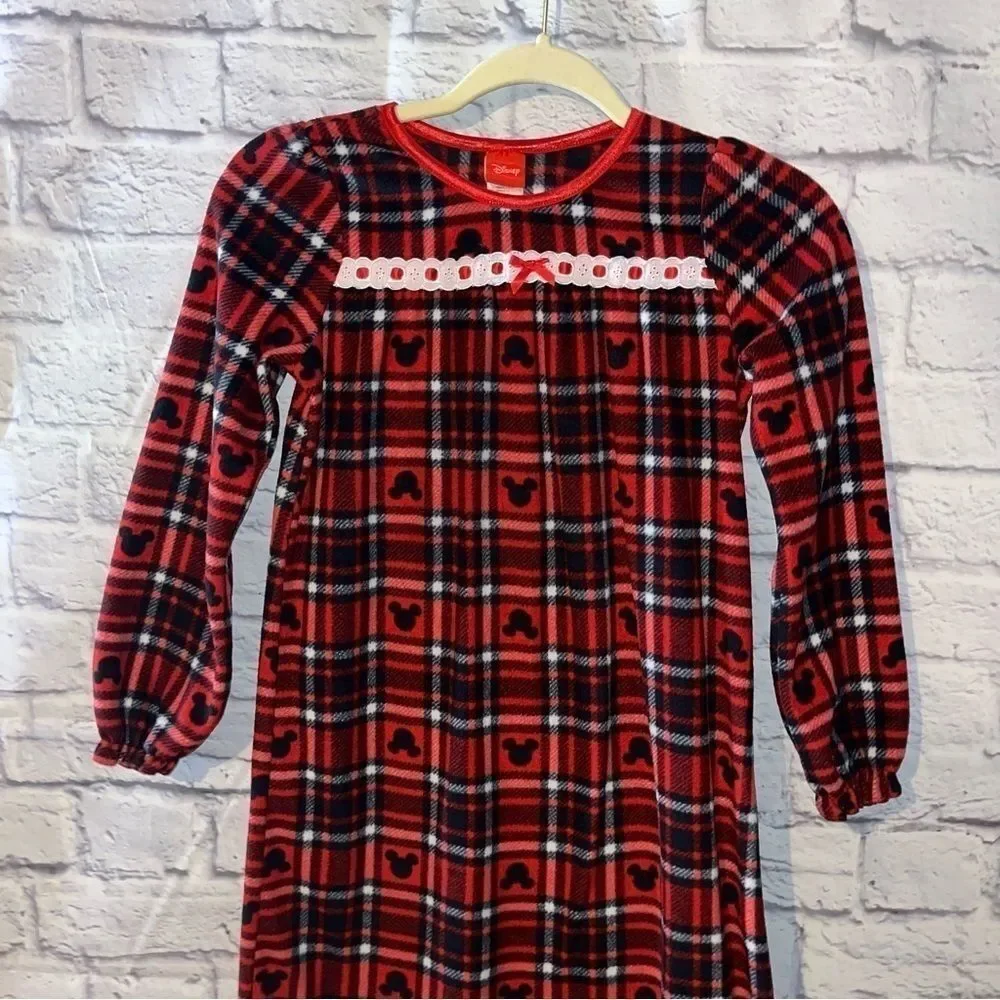 Girls Mickey Mouse Disney Red plaid Christmas flannel night gown lace ruffle 10 - Picture 3 of 9